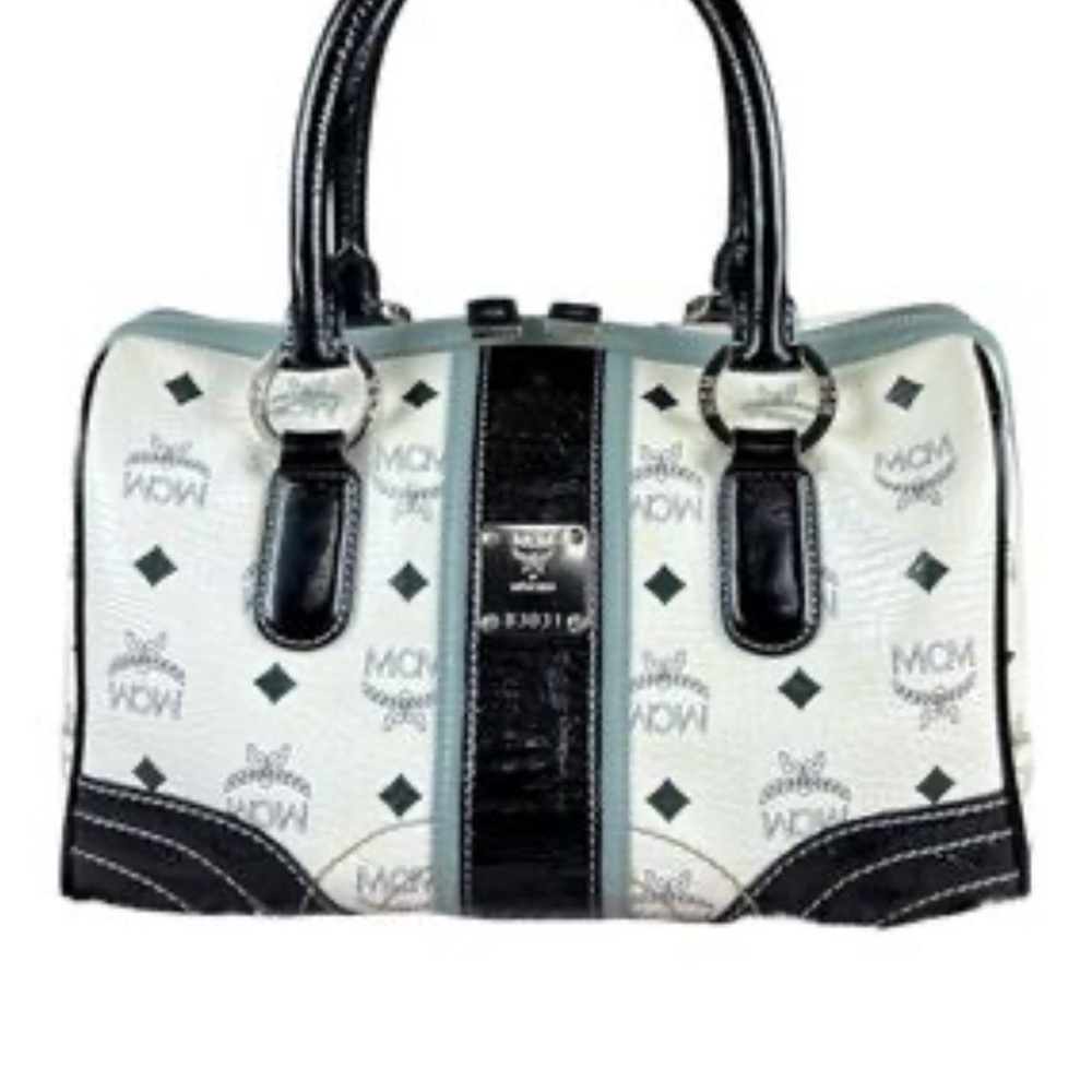 MCM 2006 Visetos White and Black Logo Satchel with Light Slate Blue Trim